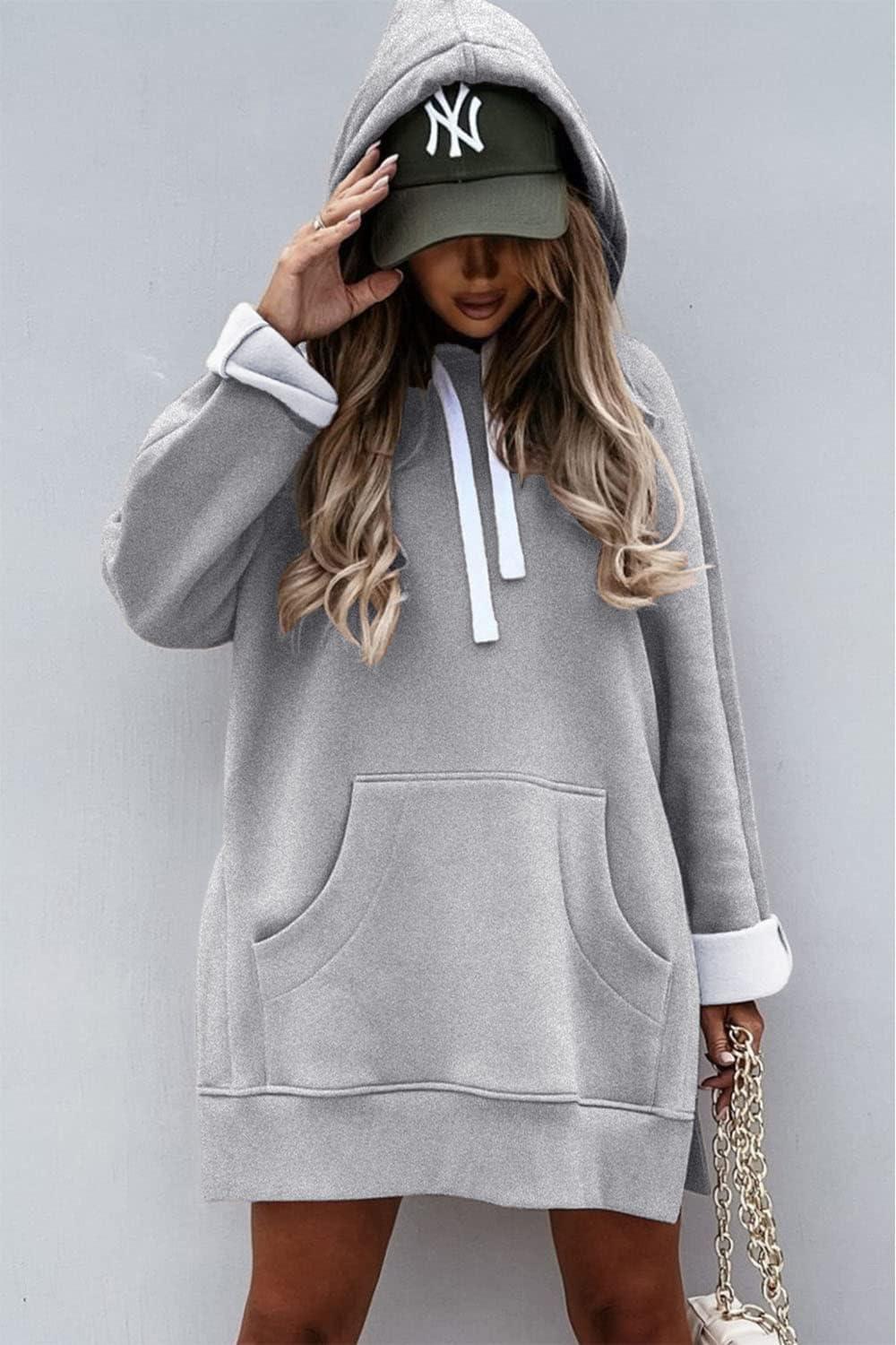 imagePRETTYGARDEN Sweatshirt for Women 2025 Fall Oversized Pullover Long Sleeve Casual Hoodie Dress Kangaroo Pocket Winter ClothesLight Grey