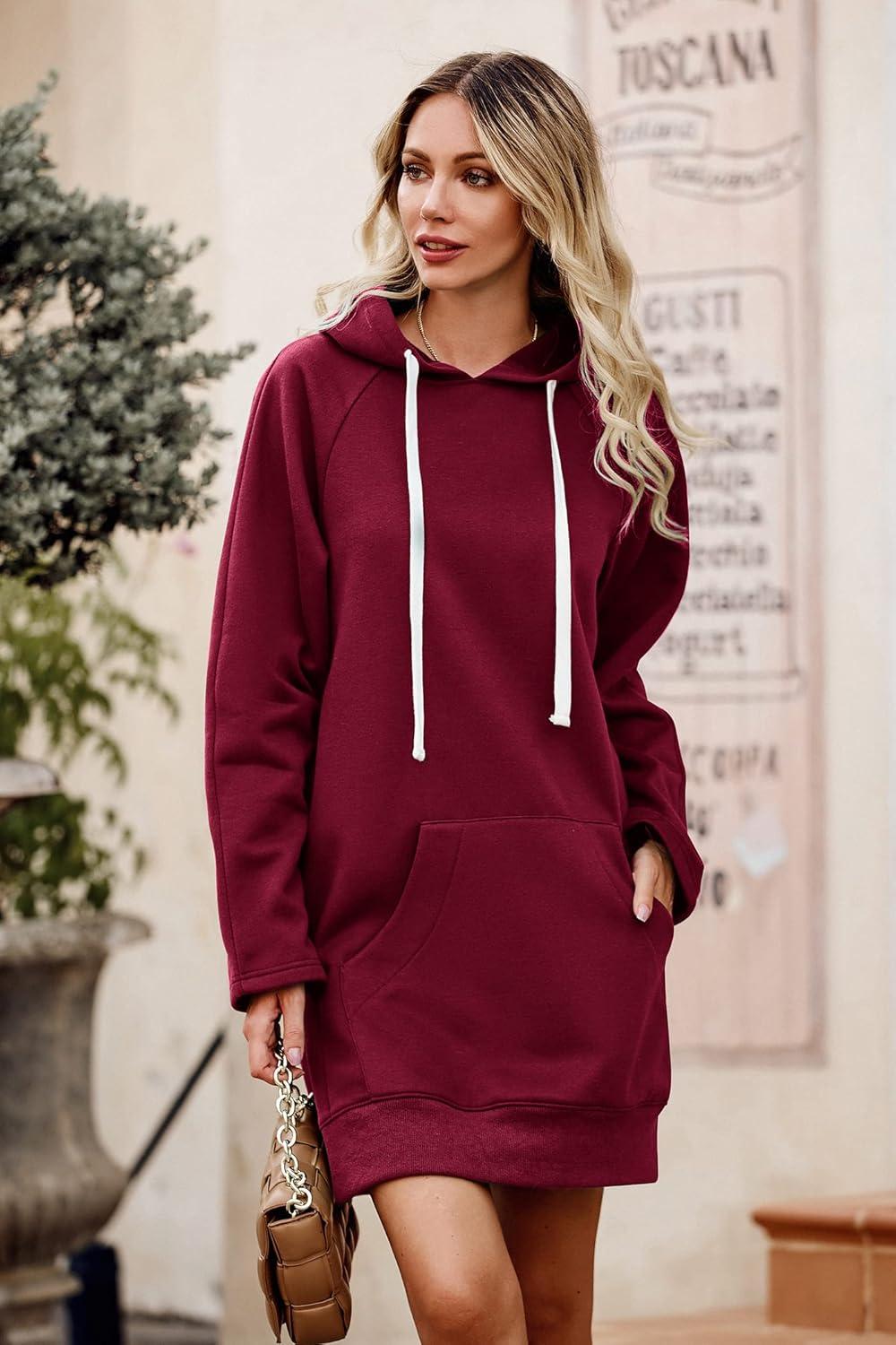 imagePRETTYGARDEN Sweatshirt for Women 2025 Fall Oversized Pullover Long Sleeve Casual Hoodie Dress Kangaroo Pocket Winter ClothesWine Red