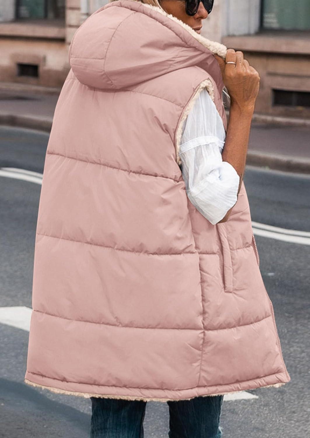 imagePRETTYGARDEN Womens 2025 Fall Reversible Long Vests Sleeveless Fleece Jacket Zip Up Hoodie Pockets Warm Coat Winter ClothingLight Pink