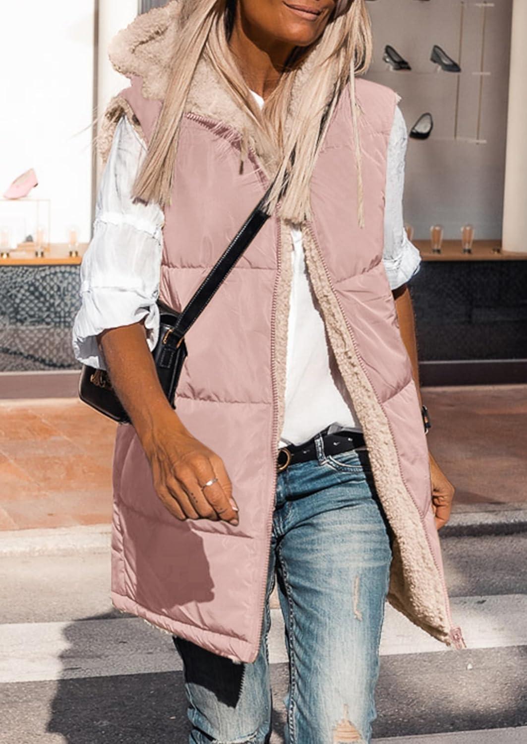 imagePRETTYGARDEN Womens 2025 Fall Reversible Long Vests Sleeveless Fleece Jacket Zip Up Hoodie Pockets Warm Coat Winter ClothingLight Pink