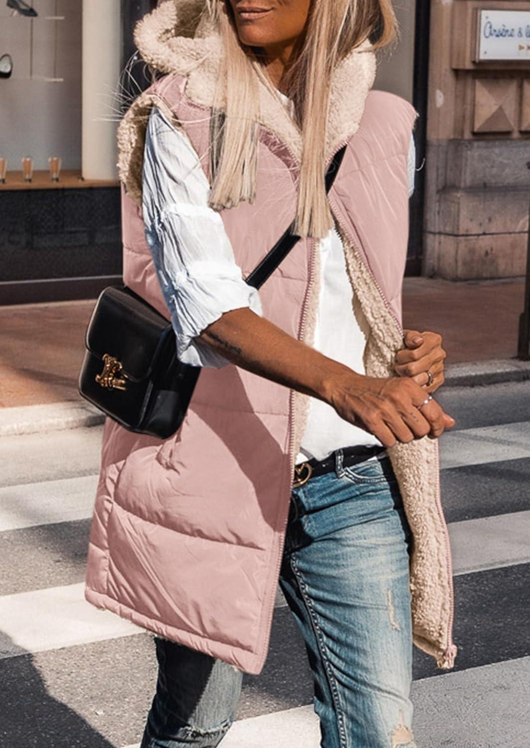 imagePRETTYGARDEN Womens 2025 Fall Reversible Long Vests Sleeveless Fleece Jacket Zip Up Hoodie Pockets Warm Coat Winter ClothingLight Pink