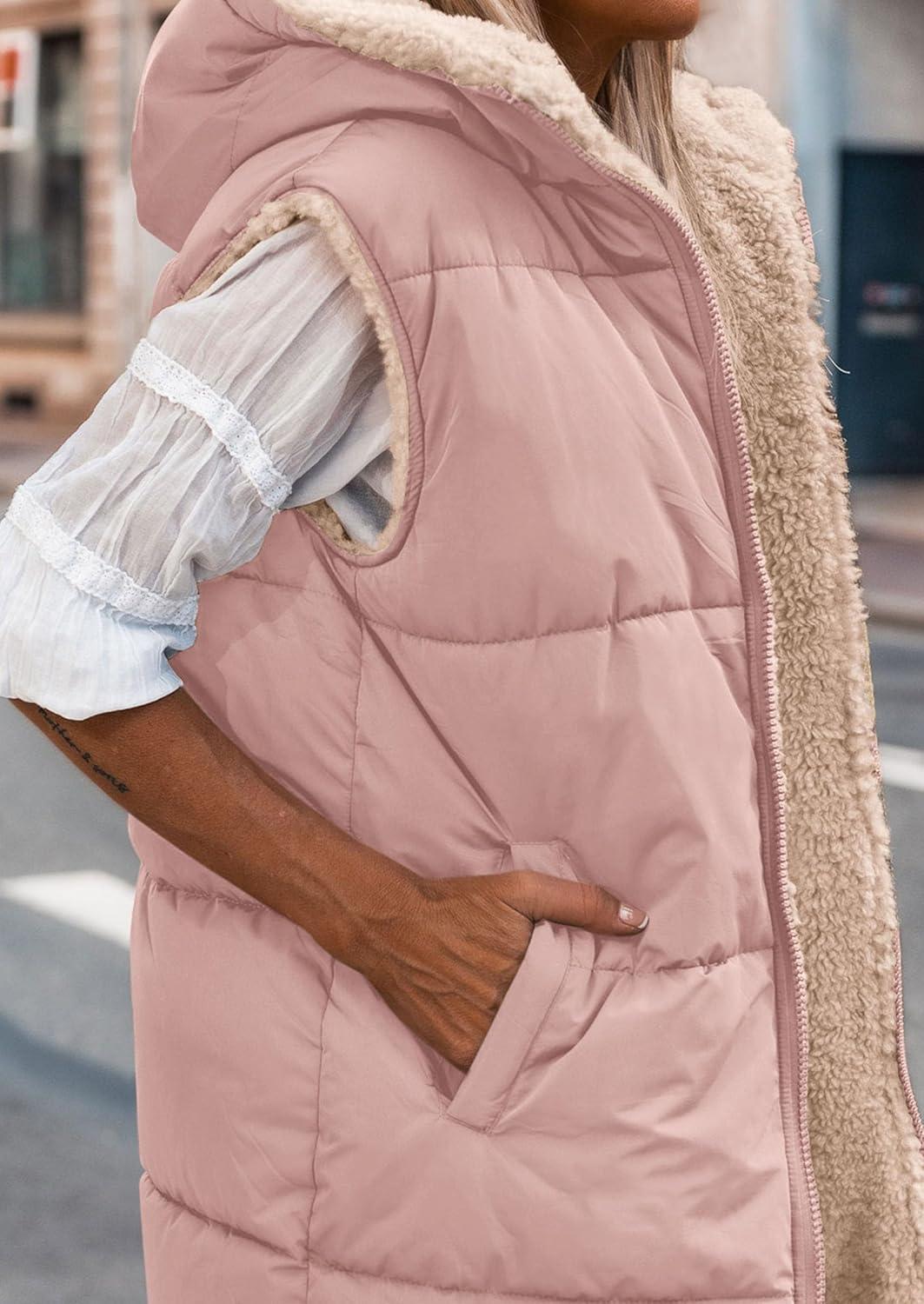 imagePRETTYGARDEN Womens 2025 Fall Reversible Long Vests Sleeveless Fleece Jacket Zip Up Hoodie Pockets Warm Coat Winter ClothingLight Pink