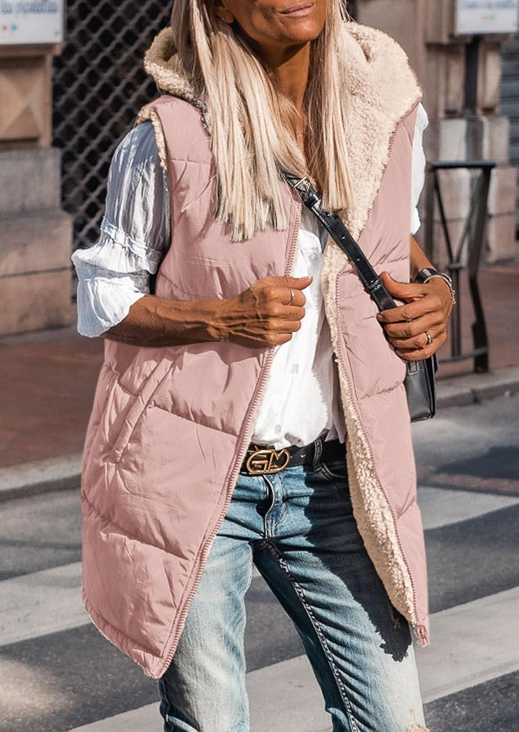 imagePRETTYGARDEN Womens 2025 Fall Reversible Long Vests Sleeveless Fleece Jacket Zip Up Hoodie Pockets Warm Coat Winter ClothingLight Pink
