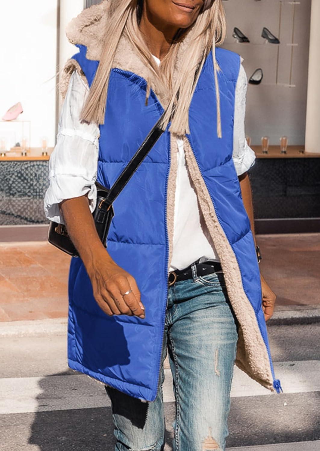 imagePRETTYGARDEN Womens 2025 Fall Reversible Long Vests Sleeveless Fleece Jacket Zip Up Hoodie Pockets Warm Coat Winter ClothingRoyal Blue