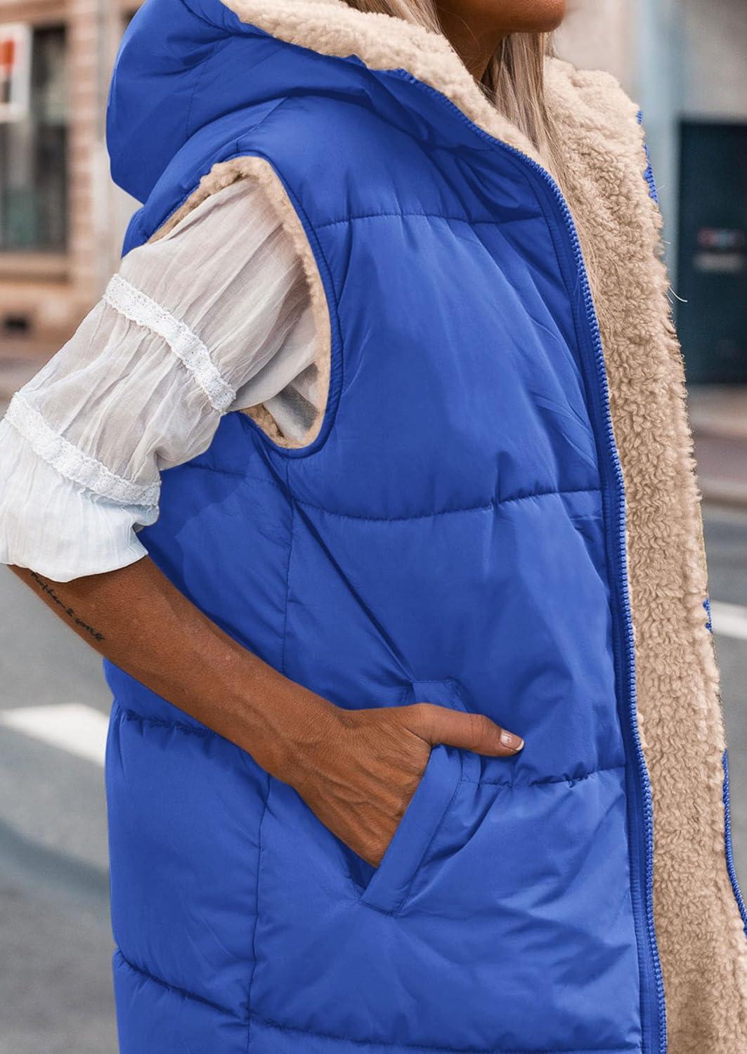 imagePRETTYGARDEN Womens 2025 Fall Reversible Long Vests Sleeveless Fleece Jacket Zip Up Hoodie Pockets Warm Coat Winter ClothingRoyal Blue