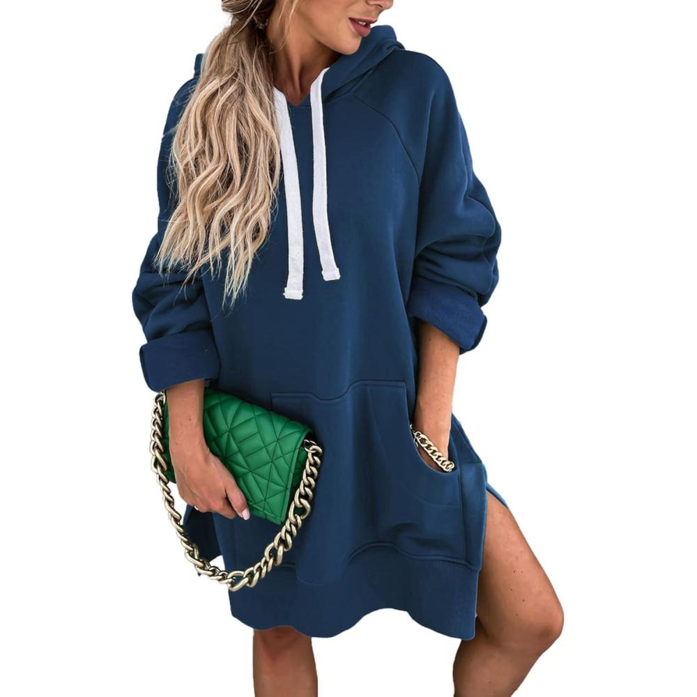 imagePRETTYGARDEN Sweatshirt for Women 2025 Fall Oversized Pullover Long Sleeve Casual Hoodie Dress Kangaroo Pocket Winter ClothesBlue
