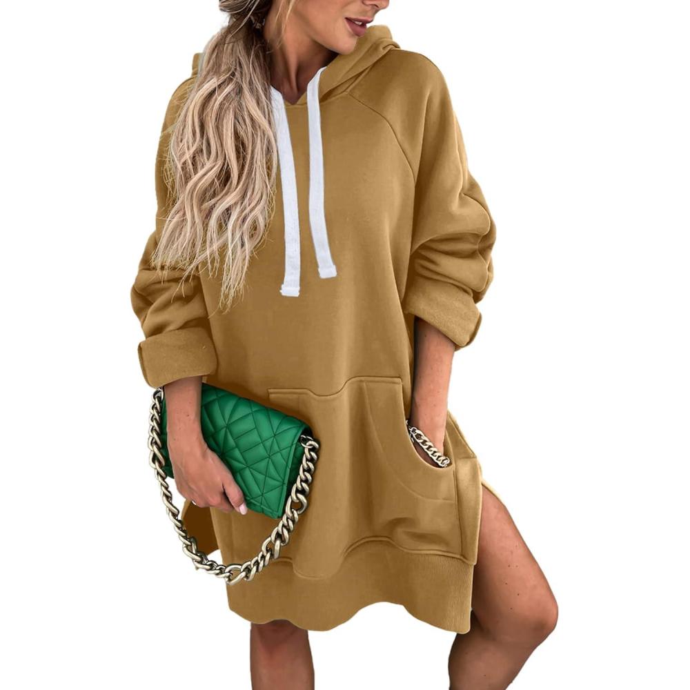imagePRETTYGARDEN Sweatshirt for Women 2025 Fall Oversized Pullover Long Sleeve Casual Hoodie Dress Kangaroo Pocket Winter ClothesLight Khaki