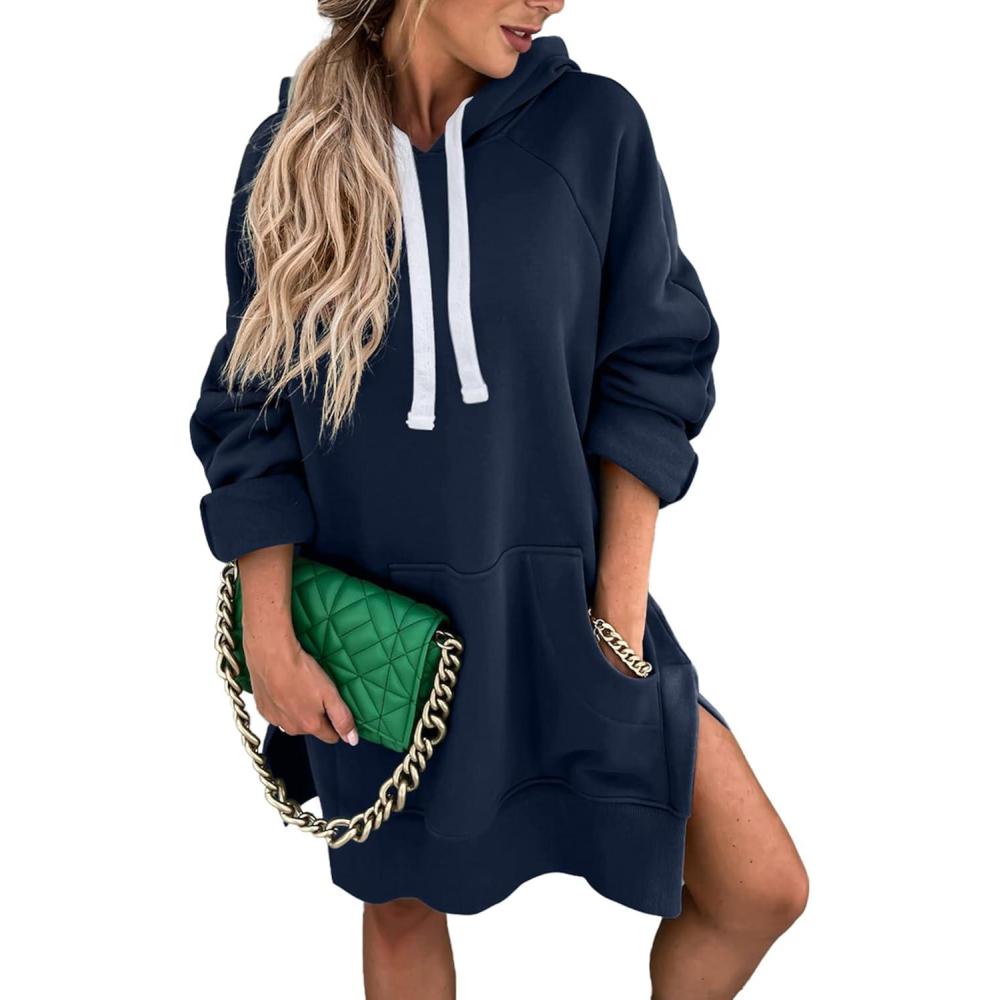 imagePRETTYGARDEN Sweatshirt for Women 2025 Fall Oversized Pullover Long Sleeve Casual Hoodie Dress Kangaroo Pocket Winter ClothesNavy