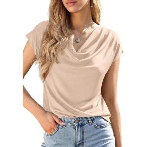 imagePRETTYGARDEN Blouses for Women Dressy Casual 2026 Summer Cowl Neck Short Sleeve Tops Spring Work Office Teacher ShirtsApricot