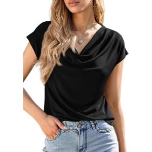 imagePRETTYGARDEN Blouses for Women Dressy Casual 2026 Summer Cowl Neck Short Sleeve Tops Spring Work Office Teacher ShirtsBlack