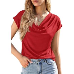 imagePRETTYGARDEN Blouses for Women Dressy Casual 2026 Summer Cowl Neck Short Sleeve Tops Spring Work Office Teacher ShirtsRed