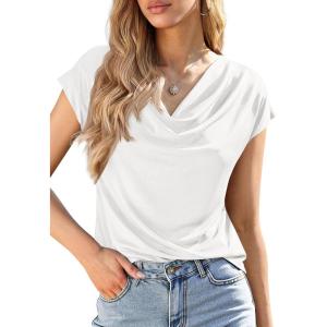 imagePRETTYGARDEN Blouses for Women Dressy Casual 2026 Summer Cowl Neck Short Sleeve Tops Spring Work Office Teacher ShirtsWhite
