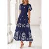 imagePRETTYGARDEN Boho Dresses for Women 2026 Summer Spring Casual Floral Short Sleeve V Neck Maxi Elastic Waist Dress PocketsNavy Blue White Flower
