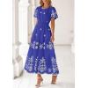 imagePRETTYGARDEN Boho Dresses for Women 2026 Summer Spring Casual Floral Short Sleeve V Neck Maxi Elastic Waist Dress PocketsRoyal Blue White Flower