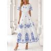 imagePRETTYGARDEN Boho Dresses for Women 2026 Summer Spring Casual Floral Short Sleeve V Neck Maxi Elastic Waist Dress PocketsWhite Blue Flower