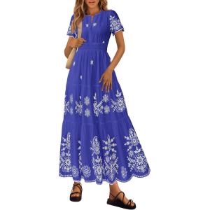 imagePRETTYGARDEN Boho Dresses for Women 2026 Summer Spring Casual Floral Short Sleeve V Neck Maxi Elastic Waist Dress PocketsRoyal Blue White Flower