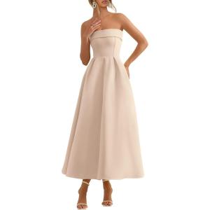 imagePRETTYGARDEN Cocktail Dresses for Women 2026 Summer Formal Elegant Tube Top Strapless Spring Wedding Guest Party Midi DressBeige