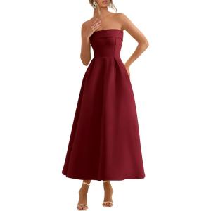 imagePRETTYGARDEN Cocktail Dresses for Women 2026 Summer Formal Elegant Tube Top Strapless Spring Wedding Guest Party Midi DressBurgundy