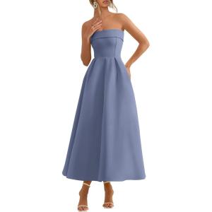 imagePRETTYGARDEN Cocktail Dresses for Women 2026 Summer Formal Elegant Tube Top Strapless Spring Wedding Guest Party Midi DressGrey Blue