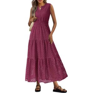imagePRETTYGARDEN Summer Dresses for Women 2026 Sundresses Sleeveless V Neck Eyelet A Line Flowy Beach Vacation Spring Maxi DressBurgundy