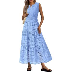 imagePRETTYGARDEN Summer Dresses for Women 2026 Sundresses Sleeveless V Neck Eyelet A Line Flowy Beach Vacation Spring Maxi DressLight Blue