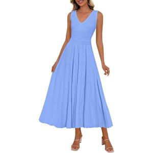 imagePRETTYGARDEN Womens Summer Casual Dresses 2026 Spring Sleeveless V Neck Midi Business Work A Line Pleated Cocktail DressLight Blue