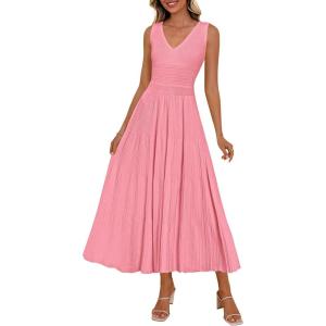 imagePRETTYGARDEN Womens Summer Casual Dresses 2026 Spring Sleeveless V Neck Midi Business Work A Line Pleated Cocktail DressPink