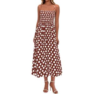 imagePRETTYGARDEN Womens Summer Dresses 2026 Spring Sleeveless Spaghetti Straps Casual Midi Dress Polka Dot Smocked Beach SundressBrown
