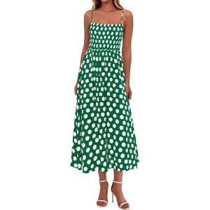 imagePRETTYGARDEN Womens Summer Dresses 2026 Spring Sleeveless Spaghetti Straps Casual Midi Dress Polka Dot Smocked Beach SundressGreen