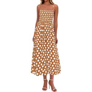 imagePRETTYGARDEN Womens Summer Dresses 2026 Spring Sleeveless Spaghetti Straps Casual Midi Dress Polka Dot Smocked Beach SundressKhaki