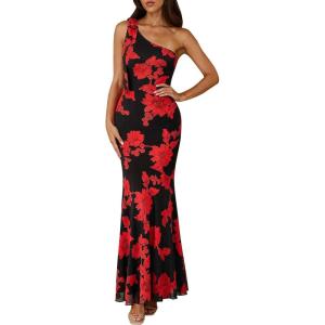 imagePRETTYGARDEN Womens Summer One Shoulder Maxi Dress 2026 Floral Sleeveless Bodycon Mesh Long Formal Wedding Guest DressesBlack Red Flower
