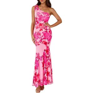 imagePRETTYGARDEN Womens Summer One Shoulder Maxi Dress 2026 Floral Sleeveless Bodycon Mesh Long Formal Wedding Guest DressesPink Flower