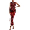 imagePRETTYGARDEN Womens Summer Wedding Guest Dress 2026 Spring Mesh Sleeveless Bodycon Ruched Floral Holiday Maxi Long DressesBlack Red Flower