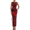 imagePRETTYGARDEN Womens Summer Wedding Guest Dress 2026 Spring Mesh Sleeveless Bodycon Ruched Floral Holiday Maxi Long DressesBlack Red Flower
