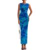 imagePRETTYGARDEN Womens Summer Wedding Guest Dress 2026 Spring Mesh Sleeveless Bodycon Ruched Floral Holiday Maxi Long DressesGreen Blue Flower