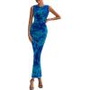 imagePRETTYGARDEN Womens Summer Wedding Guest Dress 2026 Spring Mesh Sleeveless Bodycon Ruched Floral Holiday Maxi Long DressesGreen Blue Flower