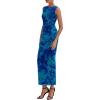 imagePRETTYGARDEN Womens Summer Wedding Guest Dress 2026 Spring Mesh Sleeveless Bodycon Ruched Floral Holiday Maxi Long DressesGreen Blue Flower