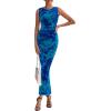 imagePRETTYGARDEN Womens Summer Wedding Guest Dress 2026 Spring Mesh Sleeveless Bodycon Ruched Floral Holiday Maxi Long DressesGreen Blue Flower