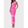 imagePRETTYGARDEN Womens Summer Wedding Guest Dress 2026 Spring Mesh Sleeveless Bodycon Ruched Floral Holiday Maxi Long DressesLeaves Pink