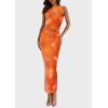 imagePRETTYGARDEN Womens Summer Wedding Guest Dress 2026 Spring Mesh Sleeveless Bodycon Ruched Floral Holiday Maxi Long DressesPrint Orange