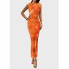 imagePRETTYGARDEN Womens Summer Wedding Guest Dress 2026 Spring Mesh Sleeveless Bodycon Ruched Floral Holiday Maxi Long DressesPrint Orange