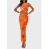 imagePRETTYGARDEN Womens Summer Wedding Guest Dress 2026 Spring Mesh Sleeveless Bodycon Ruched Floral Holiday Maxi Long DressesPrint Orange