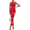 imagePRETTYGARDEN Womens Summer Wedding Guest Dress 2026 Spring Mesh Sleeveless Bodycon Ruched Floral Holiday Maxi Long DressesRed Floral