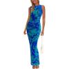 imagePRETTYGARDEN Womens Summer Wedding Guest Dress 2026 Spring Mesh Sleeveless Bodycon Ruched Floral Holiday Maxi Long DressesGreen Blue Flower