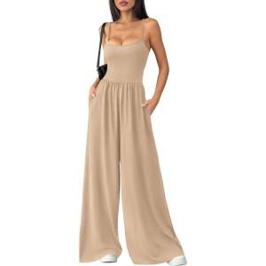 imagePRETTYGARDEN Jumpsuits for Women 2026 Sleeveless Strap Wide Leg Date Night Rompers Beach Vacation One Piece Summer OutfitsBeige