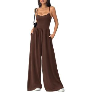 imagePRETTYGARDEN Jumpsuits for Women 2026 Sleeveless Strap Wide Leg Date Night Rompers Beach Vacation One Piece Summer OutfitsBrown