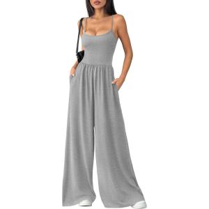 imagePRETTYGARDEN Jumpsuits for Women 2026 Sleeveless Strap Wide Leg Date Night Rompers Beach Vacation One Piece Summer OutfitsGrey