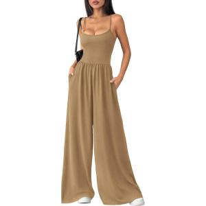 imagePRETTYGARDEN Jumpsuits for Women 2026 Sleeveless Strap Wide Leg Date Night Rompers Beach Vacation One Piece Summer OutfitsKhaki