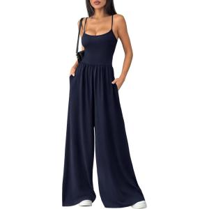 imagePRETTYGARDEN Jumpsuits for Women 2026 Sleeveless Strap Wide Leg Date Night Rompers Beach Vacation One Piece Summer OutfitsNavy Blue