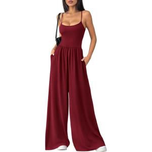imagePRETTYGARDEN Jumpsuits for Women 2026 Sleeveless Strap Wide Leg Date Night Rompers Beach Vacation One Piece Summer OutfitsWine Red